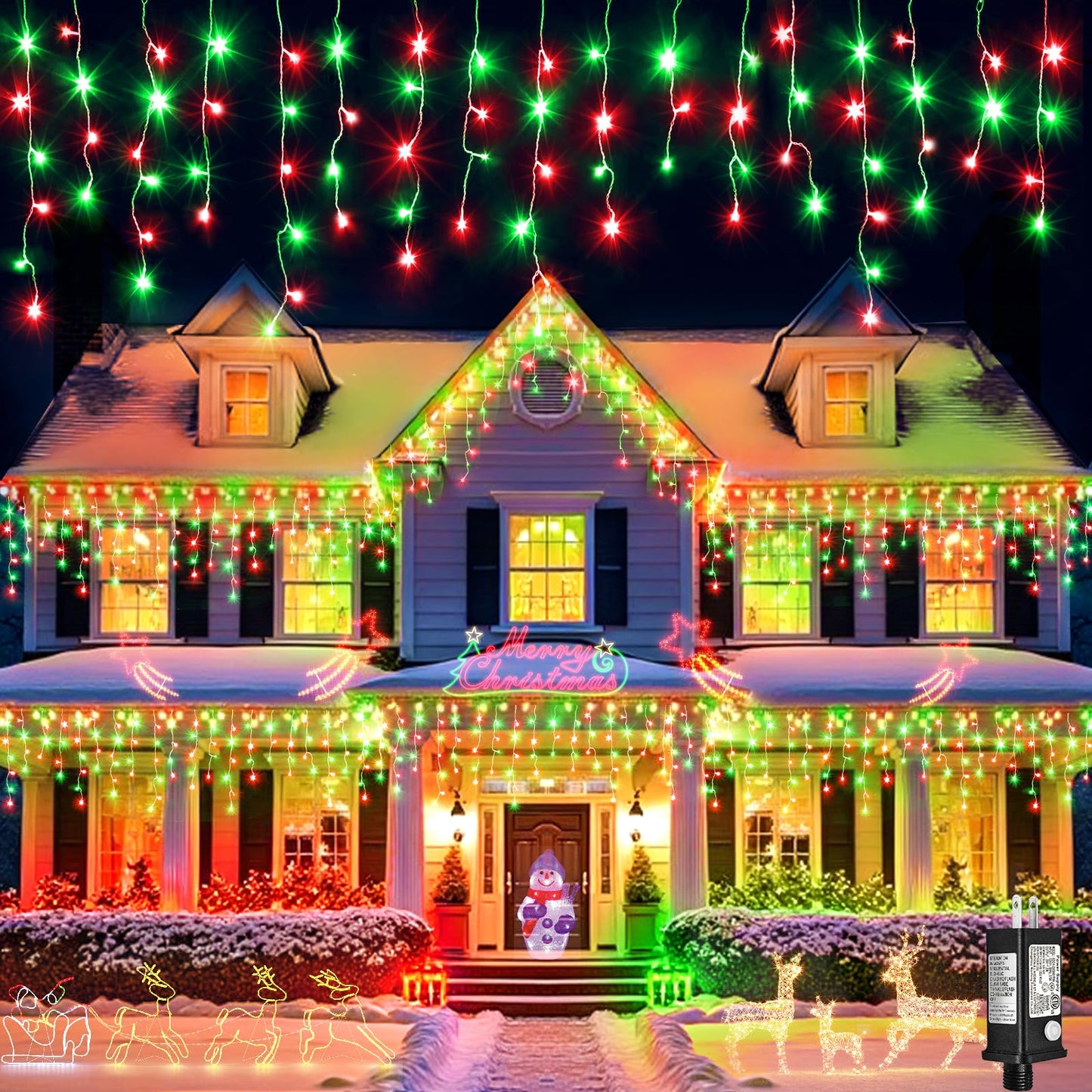 Einiiya Icicle Lights, 400 LED, 33ft, Red & Green, 8 Modes, Waterproof, Outdoor Plug-in Christmas Decorations, Model BG-CL3M3-306L