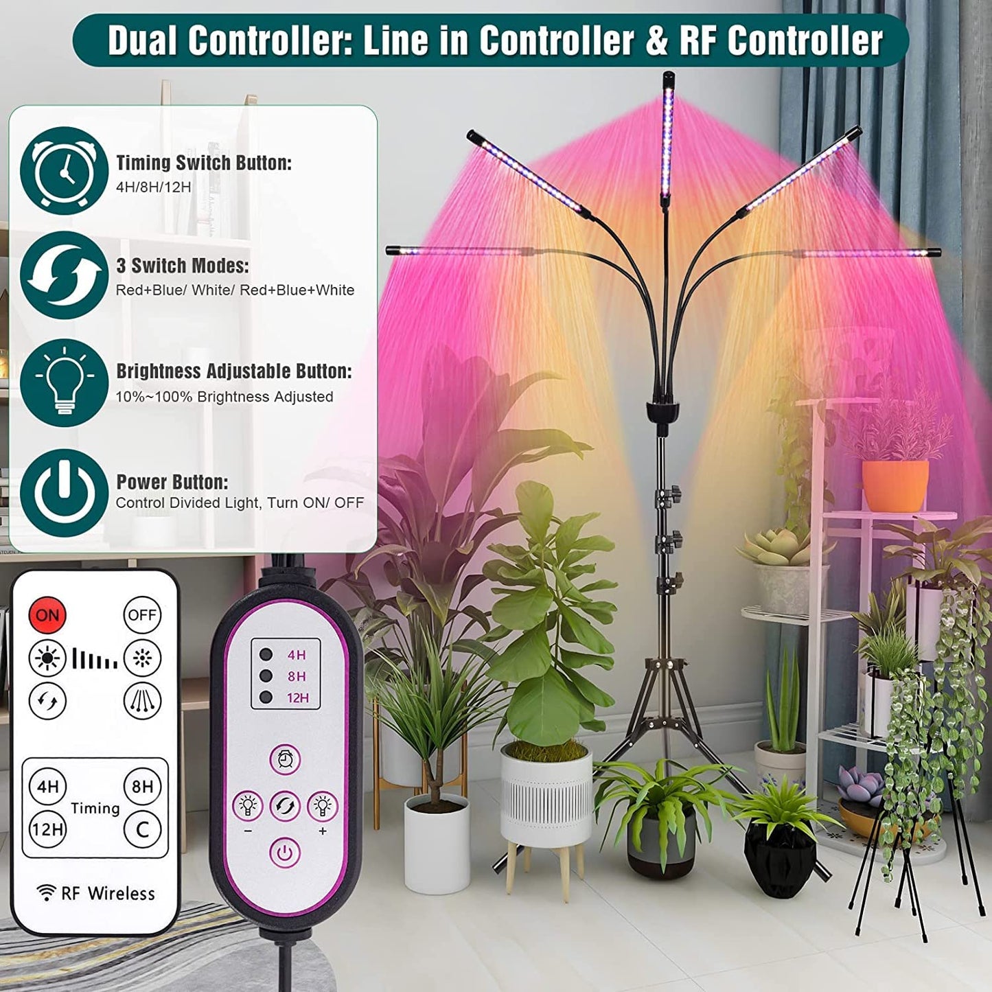 KEELIXIN Grow Lights for Indoor Plants, 5 Heads Full Spectrum, Adjustable Tripod Stand, Remote Control, Model LXGL-008, Red Blue Spectrum