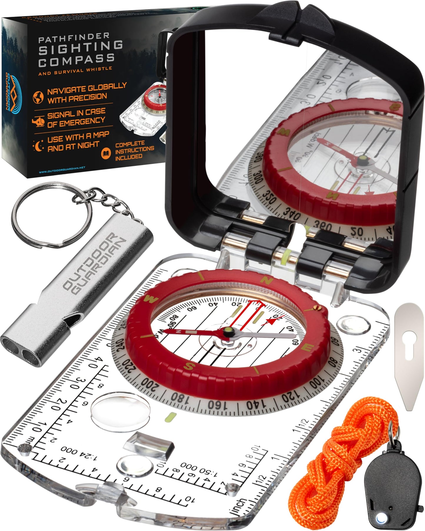 Outdoor Guardian Pathfinder Sighting Compass - Precise Navigation, Hiking and Orienteering Mirror Compass with Luminous Bezel, A