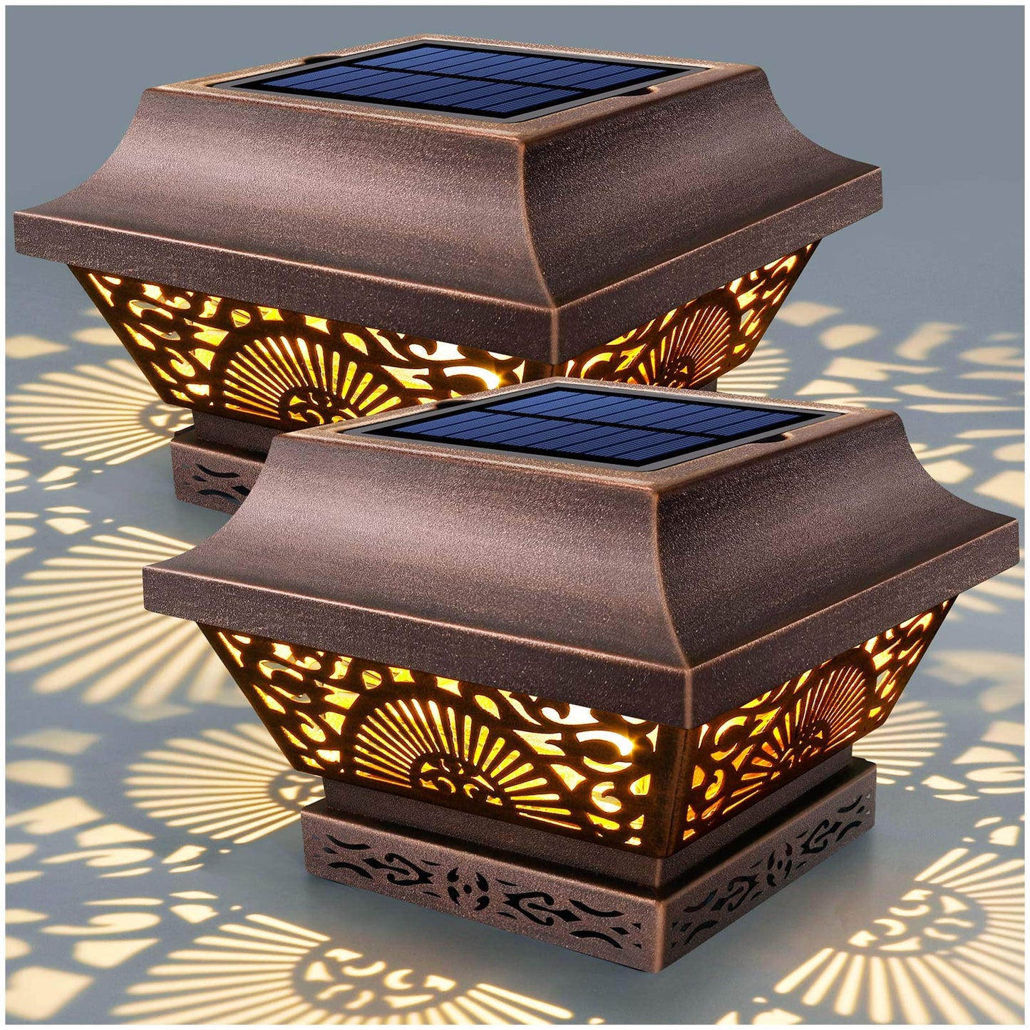 DenicMic Solar Post Lights 2 Pack, 25 Lumen Warm White LED, Waterproof Metal, Fits 3.5x3.5 to 5x5 Posts, Copper