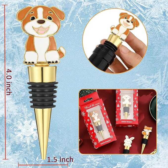 Christmas Wine Bottle Stopper,4 Pieces Christmas Dog Rabbit Fox Decorative Xmas Wine Bottle Stopper,Metal Reusable Christmas Bottle Stoppers for Wine, Champagne and Beer Collection (Animal)