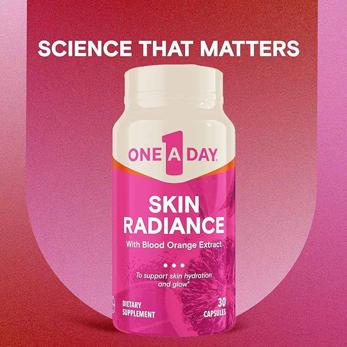 One A Day Skin Radiance, Skin Supplement to Support Hydration & Glow with Blood Orange Extract & Collagen Health with Vitamin C & Vitamin E, 30 Capsules
