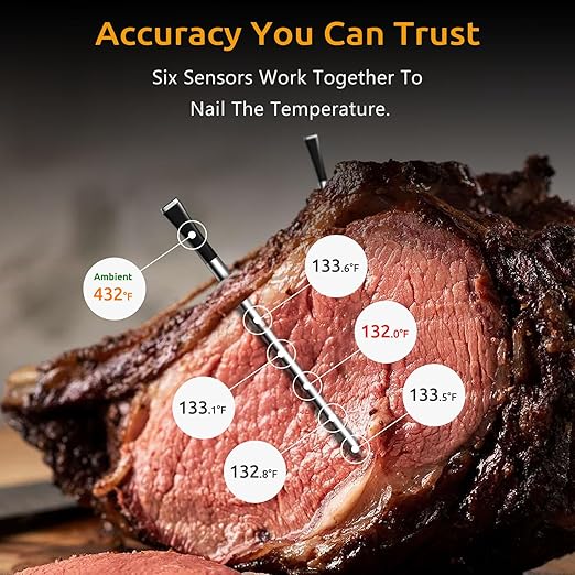 Meat Thermometer Digital Wireless, Long-Range BBQ Thermometer with 4 Probes, Dual Sensors for Perfect Grilling & Smoking - Black