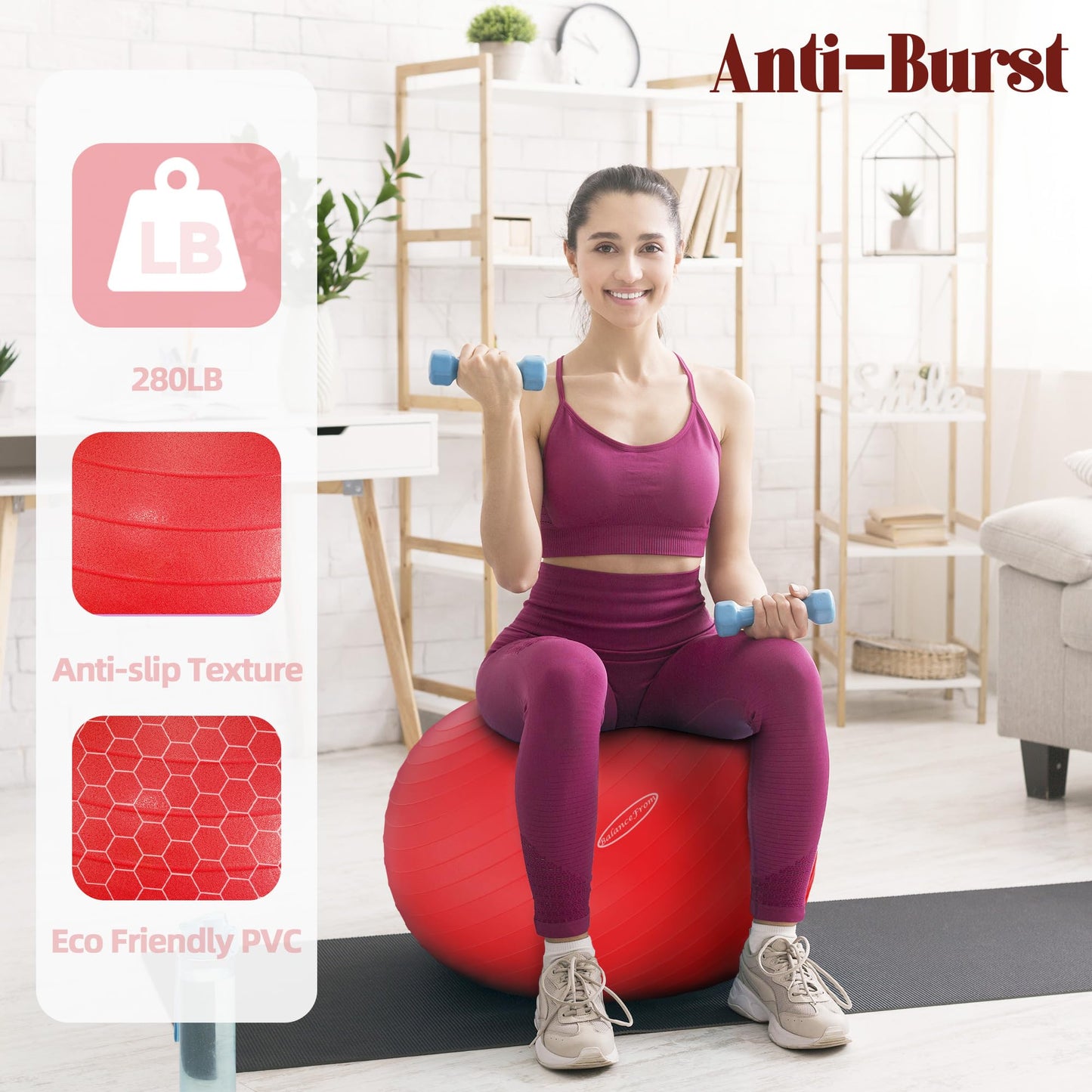 Fitvids Anti-Burst Slip Resistant Exercise Ball - 18-inch, 2,000-Pound Capacity, Red