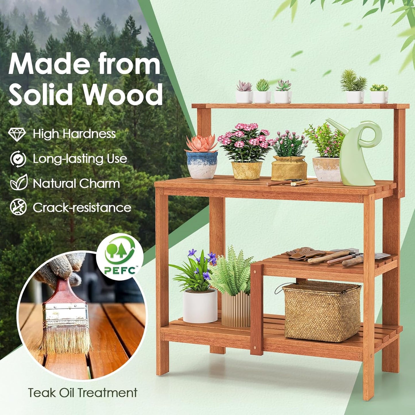 Happygrill Potting Bench Table, Outdoor Wood Work Bench with Storage, Open Shelves & Teak Oil Finish, Patio Horticulture Garden Table for Backyard, Balcony, Natural