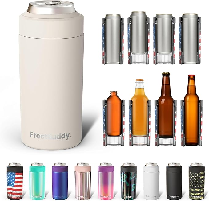 Frost Buddy Universal Buddy Can Cooler - Fits All - For Regular 12 & 16 oz or Slim-Size Bottles - Insulated Double-Walled Stainless Steel (Cream)