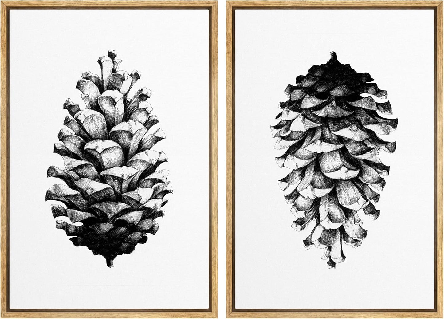 SIGNWIN Framed Canvas Print Wall Art Set Black & White Forest Woodland Pinecone Nature Wilderness Illustrations Modern Art Rustic Relax/Calm for Living Room, Bedroom, Office - 24"x36"x2 Natural