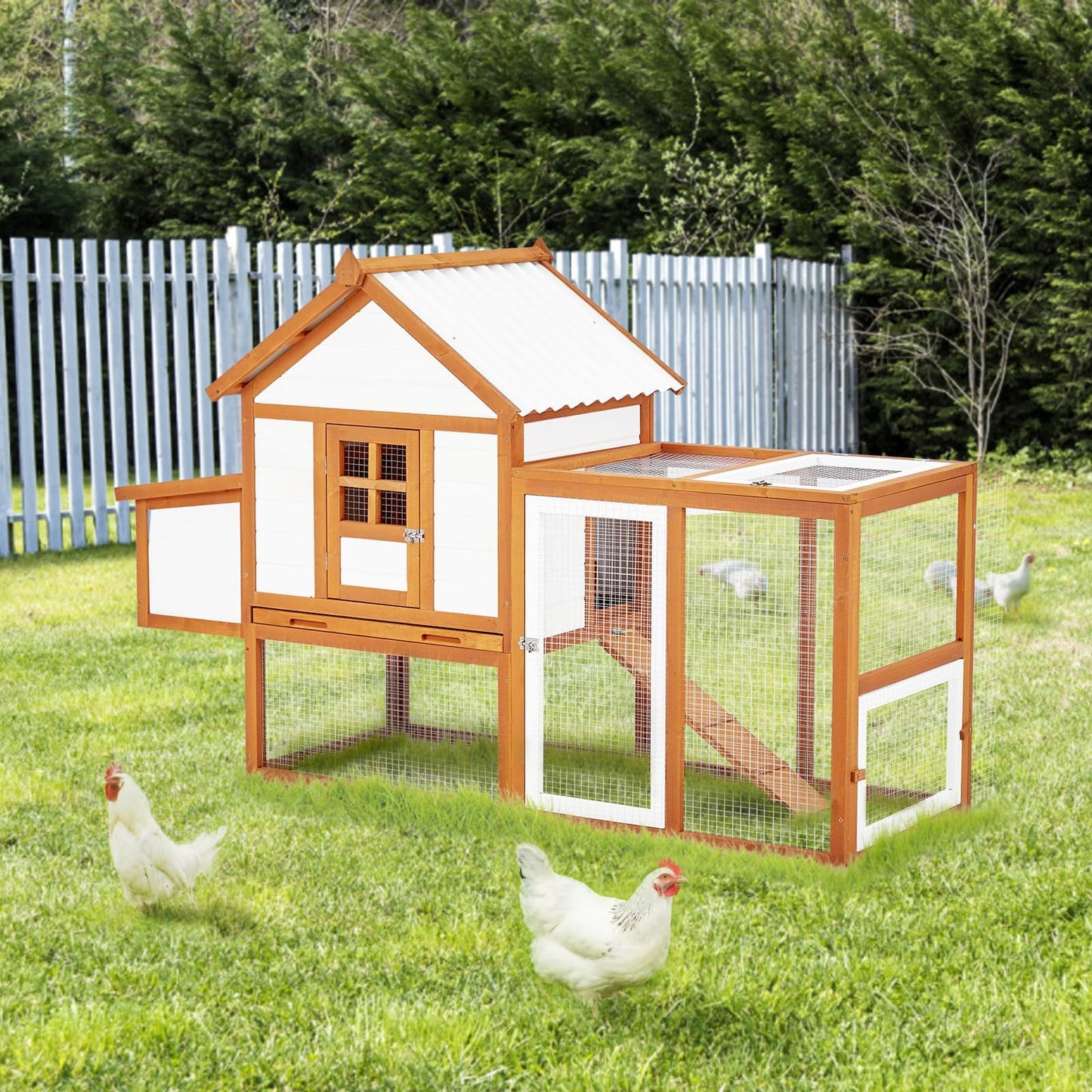 Chicken Coop Hen House Outdoor Poultry Cage with Large Nesting Box, 5 Lockable Doors Wooden Chicken House with Weatherproof Cover for Outdoor Backyard Farm, Orange