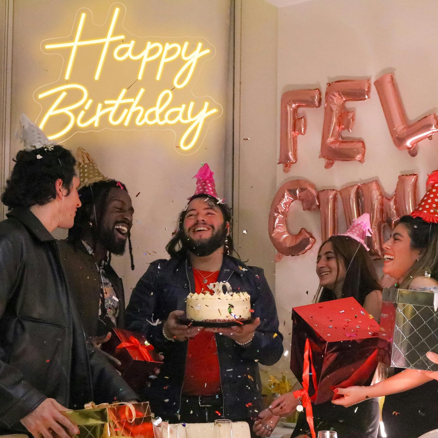 Happy Birthday Neon Sign for Backdrop, LED Happy Birthday Light Up Sign, USB Powered Dimmable Neon Light for Birthday Party Decorations Wall Decor, Warm White