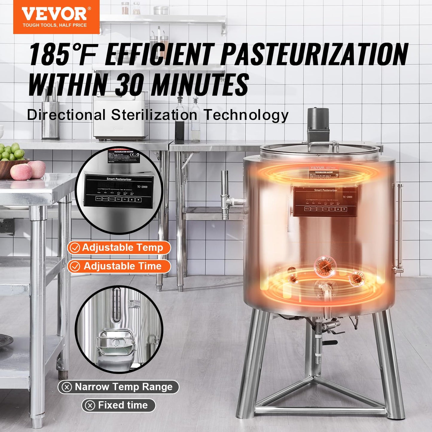 Vevor Milk Pasteurizer 50L, Commercial Milk Pasteurization Machine, Food Grade 304 Stainless Steel, Professional Pasteurization