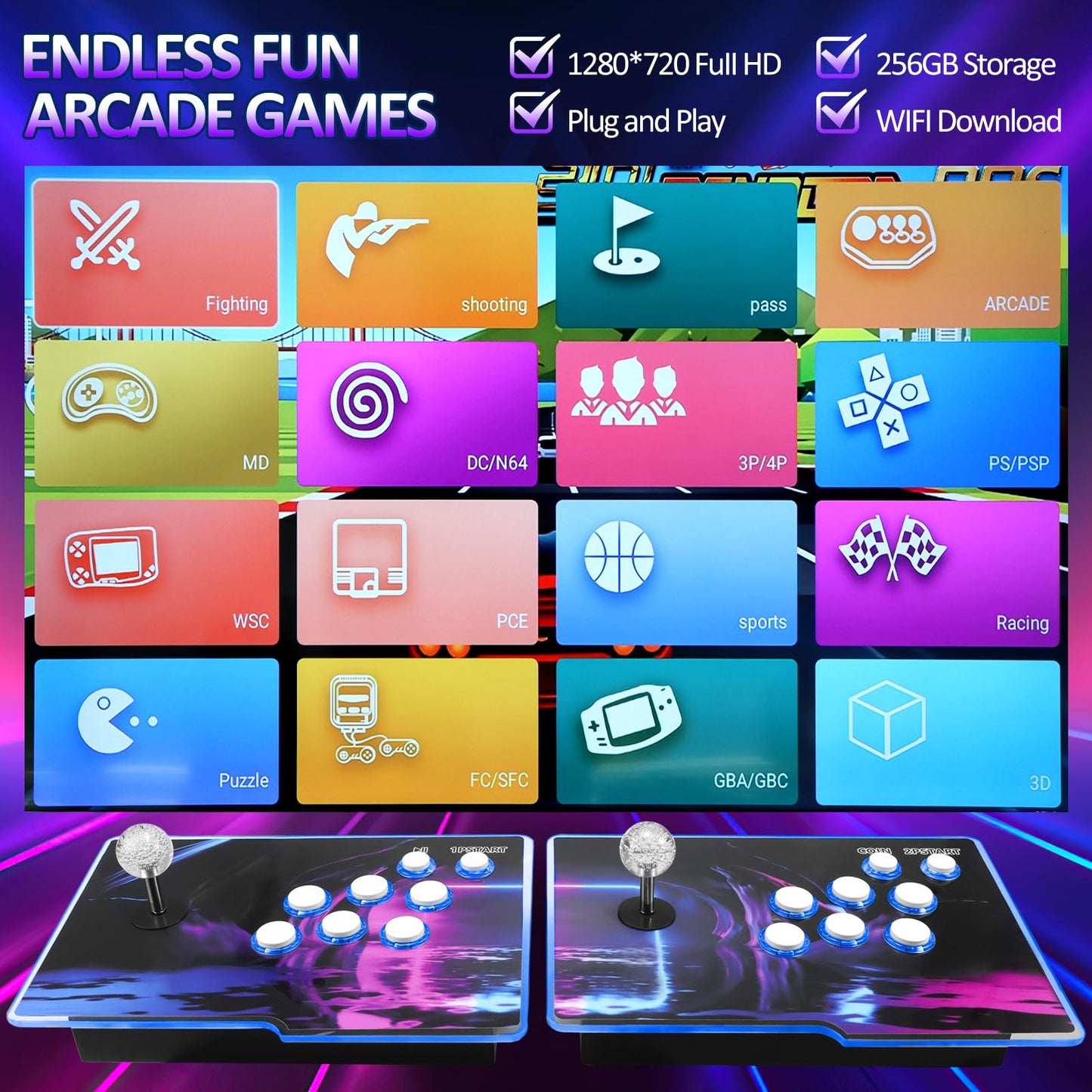 EraVortx Newly Upgrade 3D Arcade Games Console with 256G Built-in 30000+ Classic Games, 20+ Simulators, WiFi Download Game, Retro Arcade Machine for 4K TV & Projector & PC, Supports 1-4 Players