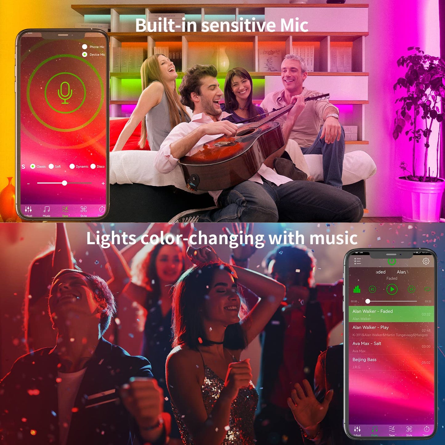 KSIPZE LED Strip Lights, 100ft (2x50ft), RGB, Music Sync, Bluetooth Control, Flexible Home Decor, Model ST52_N12430US_LY