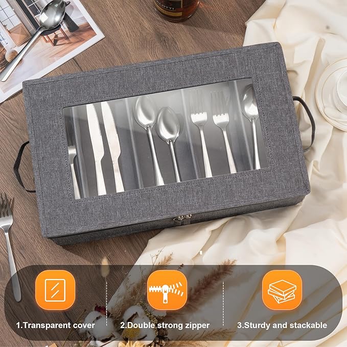 Flatware Utensil Storage Case, Silverware Storage Box Chest with Adjustable Dividers, Cutlery Storage Holder with Zipper Lid for Organizing Cutlery, Flatware, Knives, Large Capacity Gray