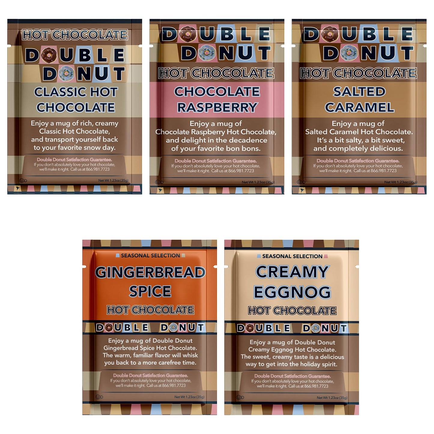 Double Donut Coffee Flavored Hot Chocolate Packets Variety Pack 18 Count Includes Classic  White Chocolate  Chocolate Raspberry  Salted Caramel  Pumpkin  French Vanilla & Peppermint