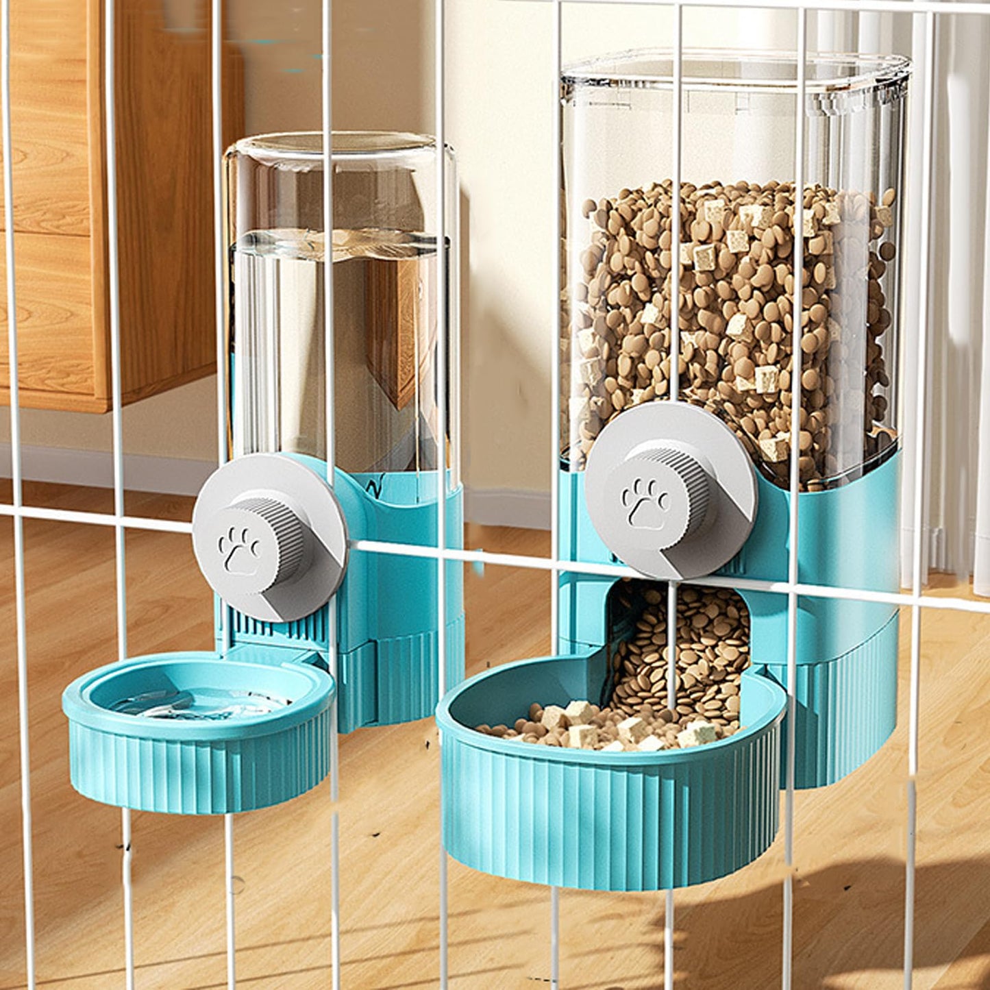 Luismia Hanging Cage Automatic Food Water Dispenser, Auto Gravity 1.2L Self-Feeding Feeder and 0.52L Waterer Set, Crate Auto Feeder Dish for Puppy Cats Ferret Bunny Guinea Pig Small Pets (Blue)