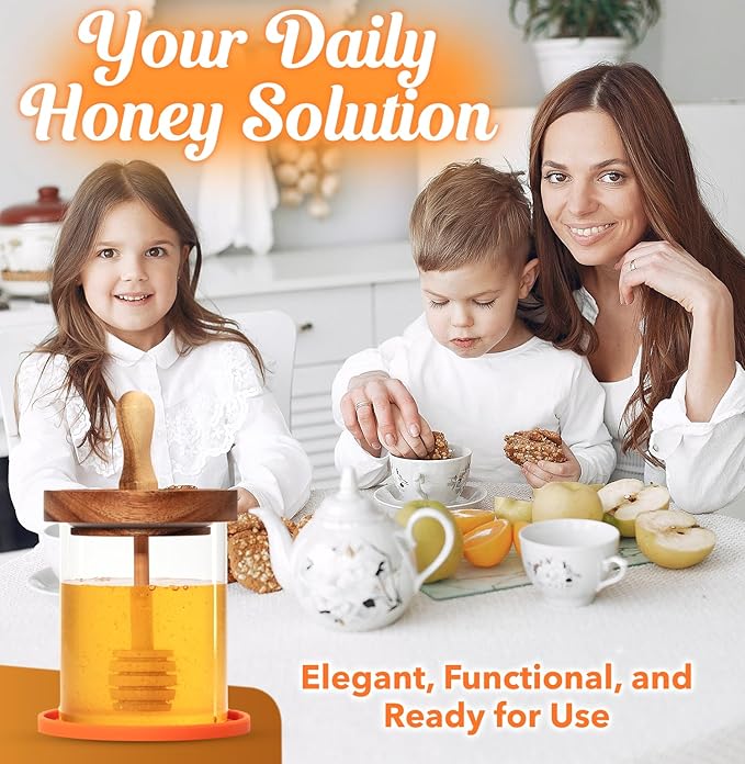 12 oz Honey Pot Set with Silicone Mat, Airtight Wooden Lid, 2 Extra Dippers & Custom Gift Box | Glass Container Honey Jar for Honey & Syrup | Durable & Stylish Kitchenware Food Storage