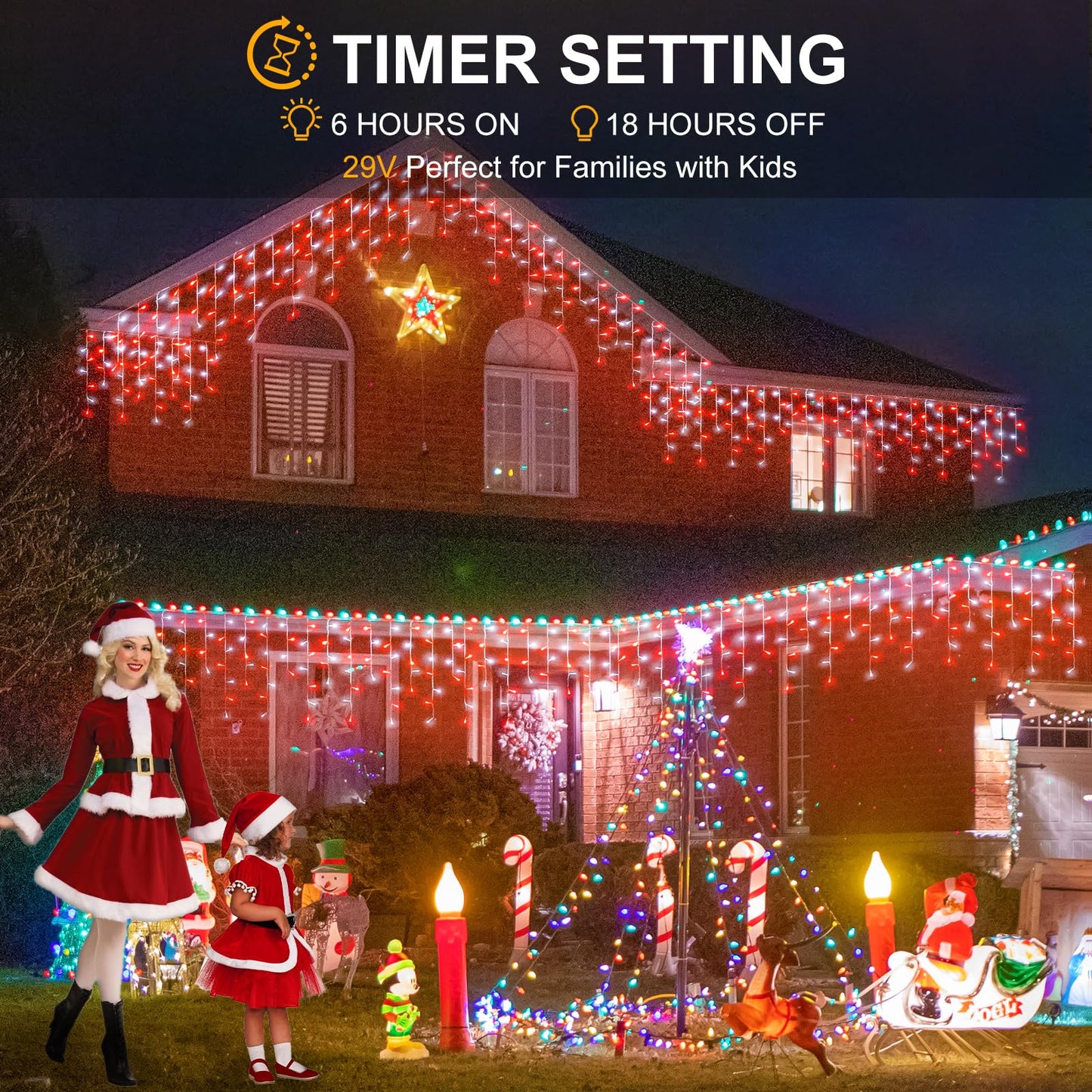 99Ft Red And White Christmas Lights  1216 Led Icicle Lights For Outside  Clear Wire Twinkle Light With 8 Modes Timer Waterproof For House Window Party Tree Holiday Patio Yard Home Decoration