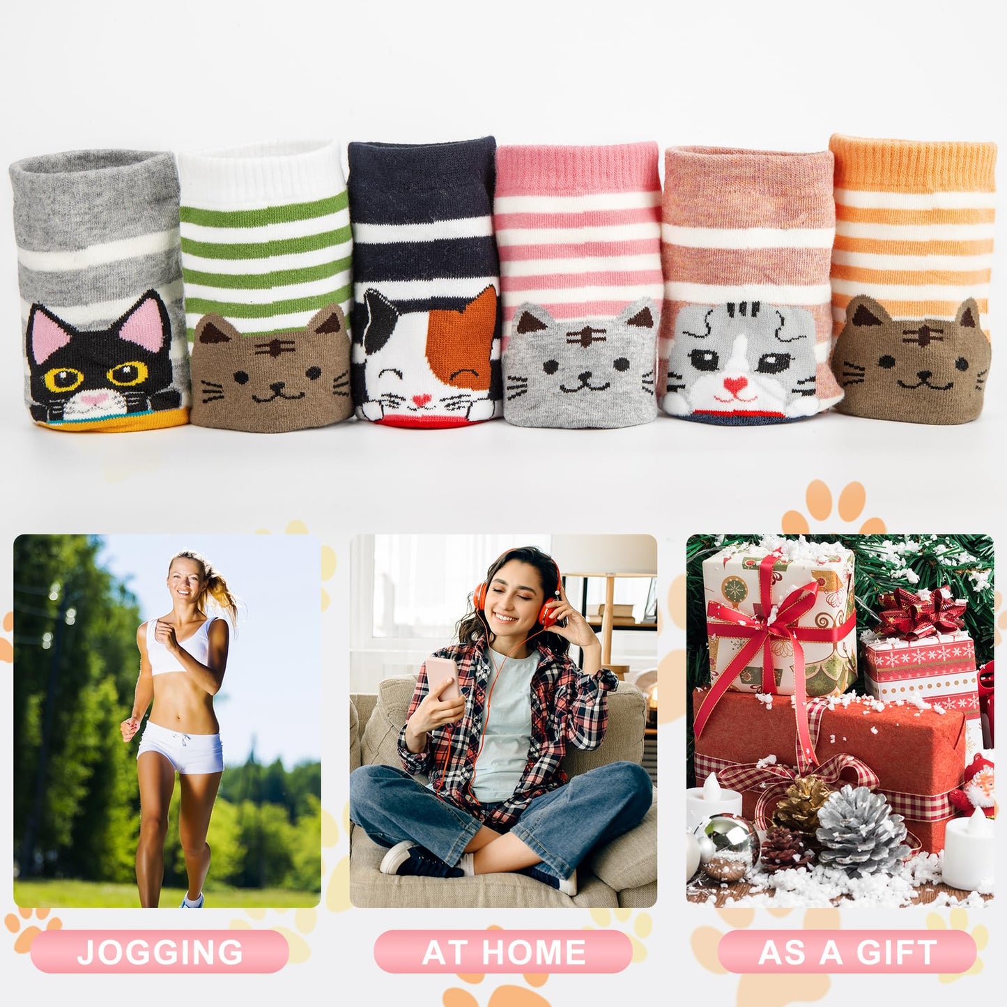 6 Pairs Women's Cute Cat Socks Gifts, Funny Novelty Animal Print Crew Cotton Socks Christmas Gifts for Women Girls