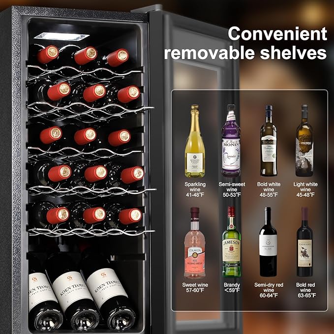 Wine Cooler with 41-68℉ Digital Temperature Control Stainless Steel 3.5 Cu.Ft 18 Bottle LED Light undercounter Glass Door Compressor Small Compact for Red, White and Champagne Beer
