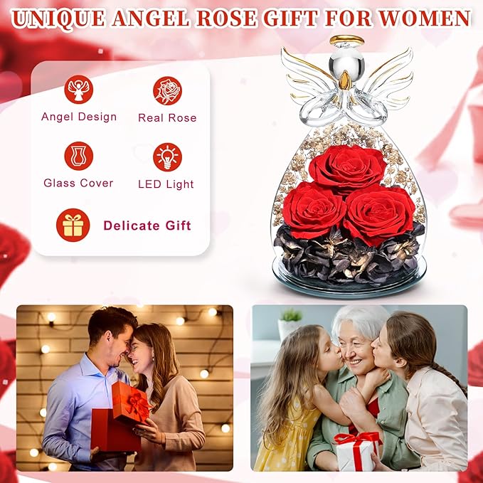 Beferr Valentines Day Rose Gifts for Her Women Mom Gifts for Birthday, Fresh Flowers for Delivery Forever Preserved Rose in Glass Angel Figurine, for Grandma Wife Daughter Girlfriend