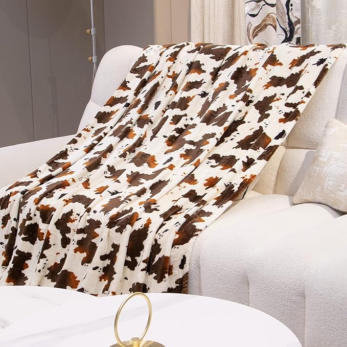 GEULAY Fleece Blanket Twin Size Brown and White Cow Print Throw Blanket Lightweight Cozy Plush Twin Bed Blanket Fuzzy Cute Couch Blanket All Season 60"x80"