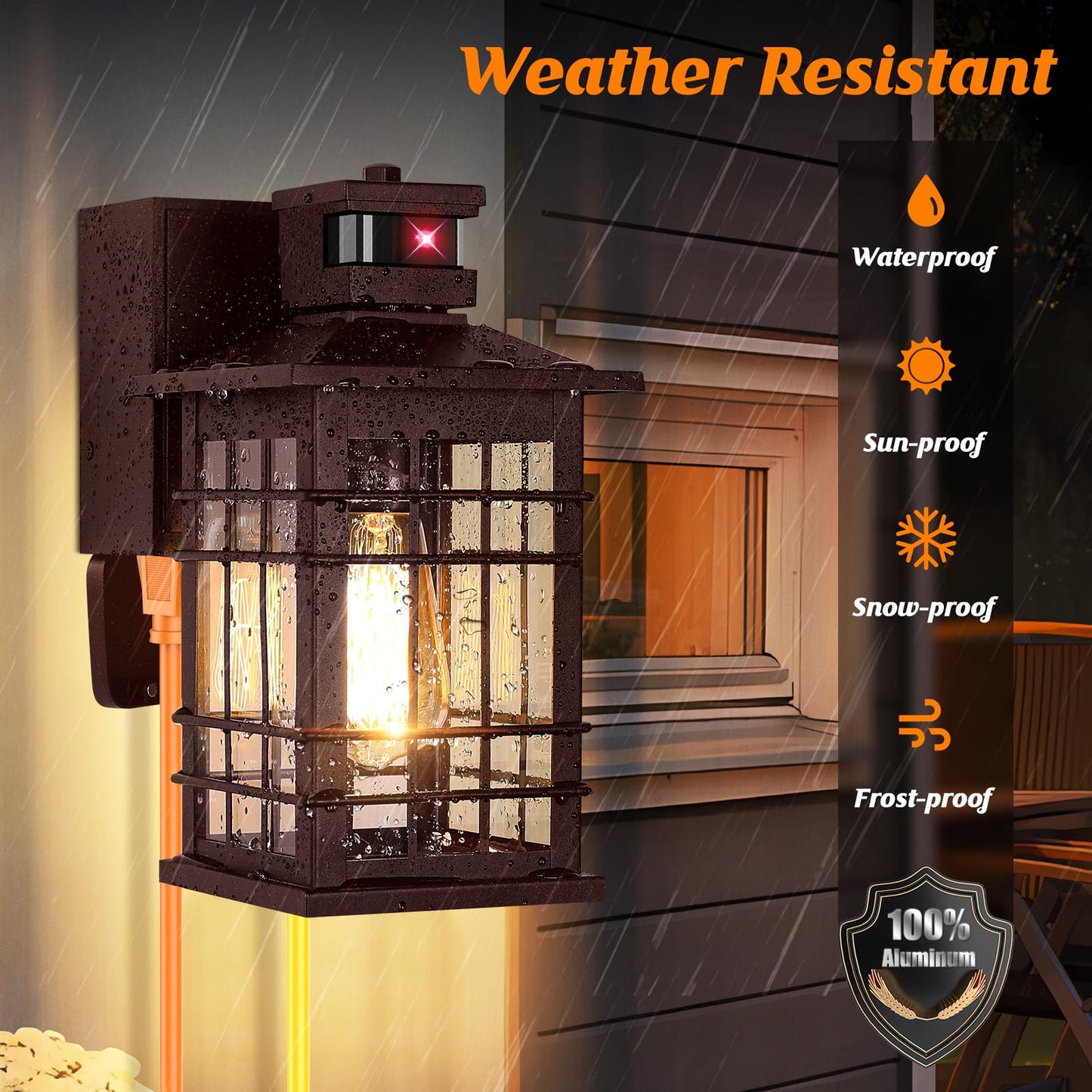 Porch Light With Gfci Outlets  Brown Motion Sensor Dusk To Dawn Outdoor Wall Light Fixture  Waterproof Outside Wall Lantern Sconce 3 Lighting Modes  Exterior Wall Light For Patio Garage Front Door