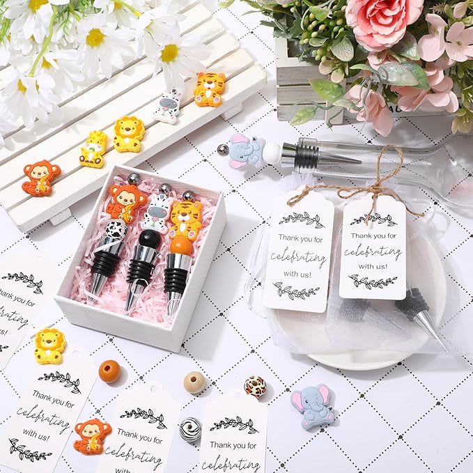 Gisafai 60 Pcs Beadable Wine Stoppers Bulk Include Beadable Bottle Stoppers Silicone Reusable Wine Saver Corks with Bags Labels Ropes for Baby Shower Gifts DIY Safari Jungle Animal Party Bar