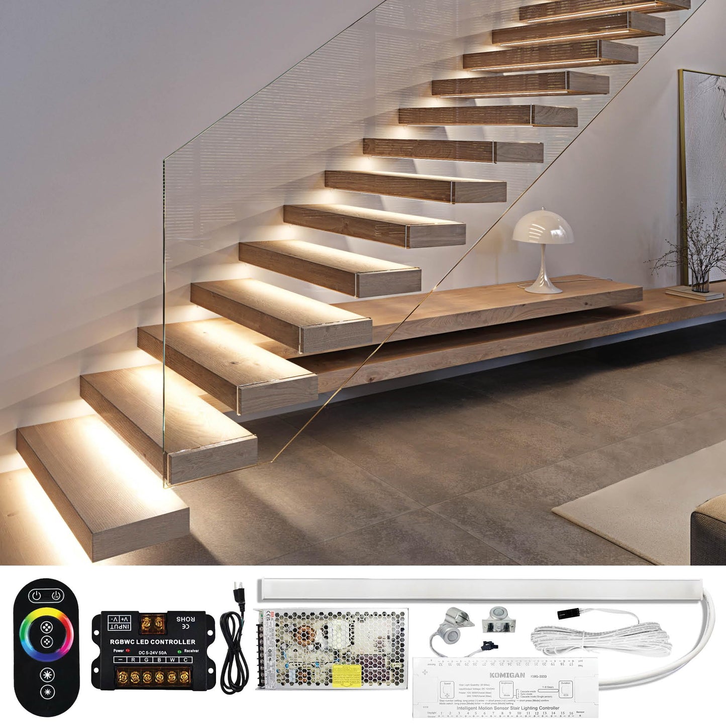 Parmida Motion Sensor LED Stair Lighting Kit, RGB & 5CCT, 24in Aluminum, Remote Control, Dimmable, Model PLED-CSTLS-RGB-MCCT-10