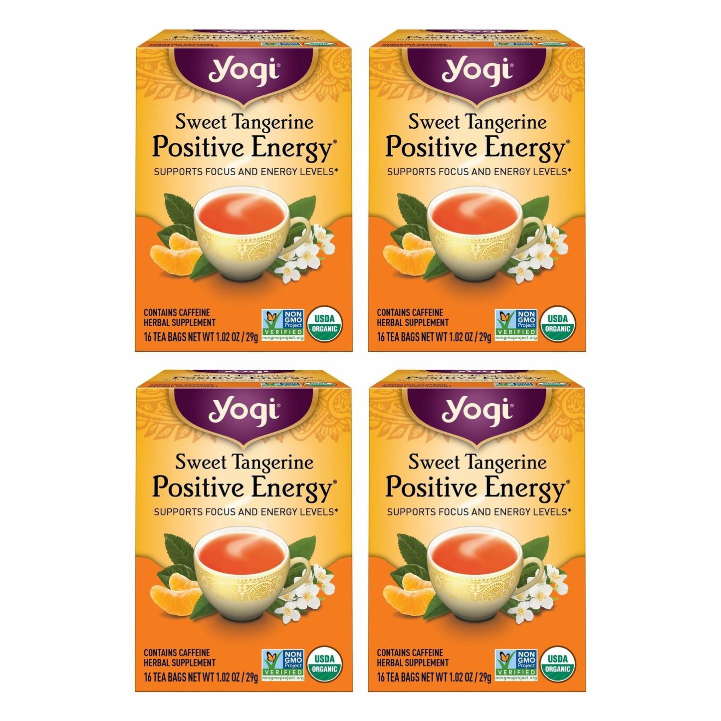 Yogi Sweet Tangerine Positive Energy Tea - 16 Tea Bags per Pack (4 Packs) - Organic Tangerine Energy Tea - Includes Black Tea Le