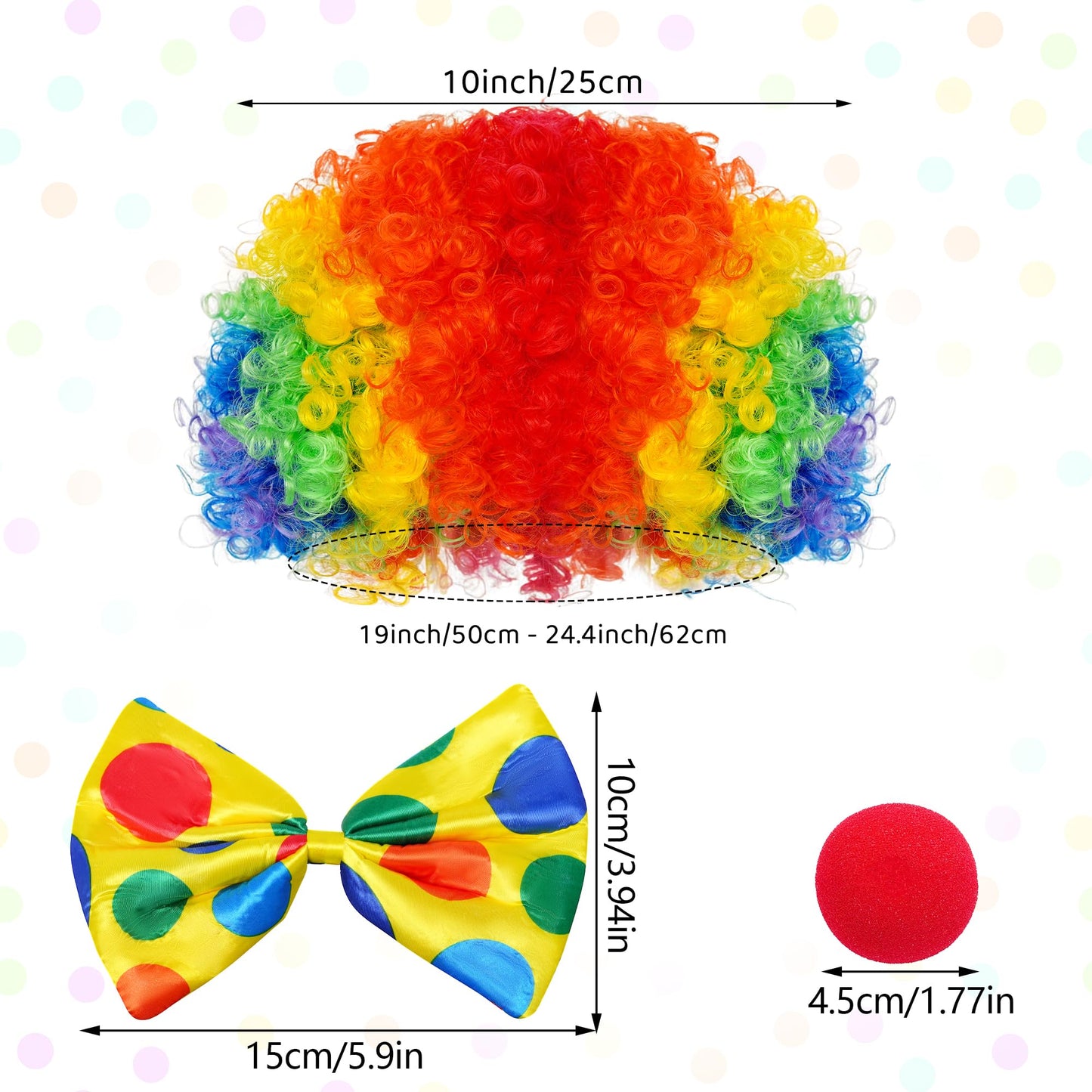 jiebor Clown Costume Set Clown Rainbow Wig Nose Bow Tie White Gloves Accessories for Parties Carnivals Pretend Play Women Men Adults