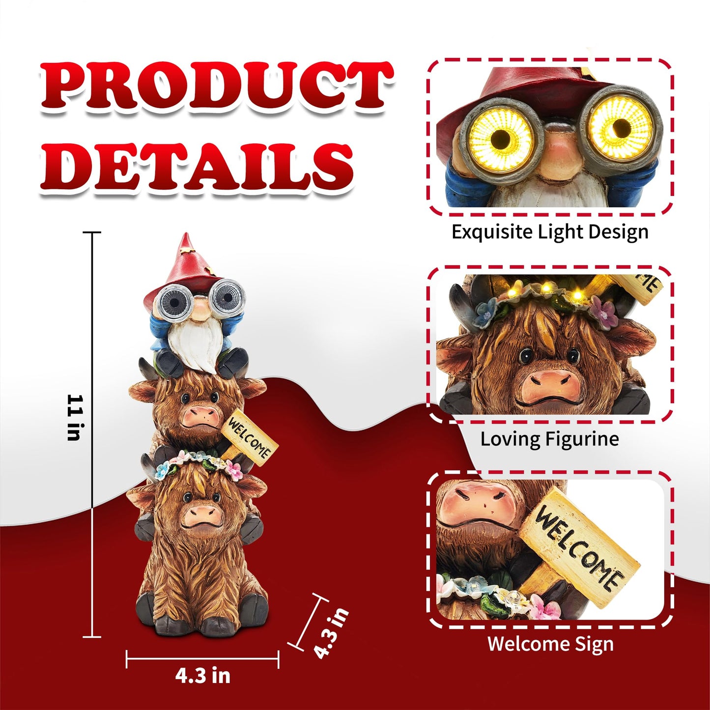 Cffownug Christmas Garden Gnomes Outdoor Statue: 11 Highland Cow Decor With Welcome Sign Funny Triple Yard Decorations With Solar Light Unique Birthday Gifts For Women Mother Grandma