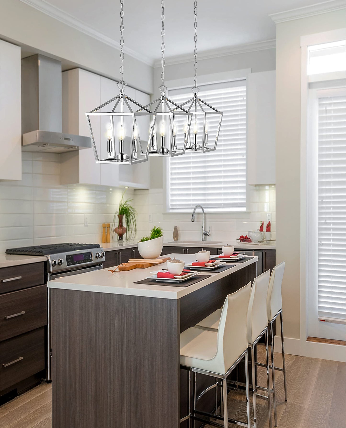 JONATHAN Y Pagoda Lantern LED Pendant Light, Dimmable Adjustable, 10in Chrome, Model JYL7601C, Iron Material