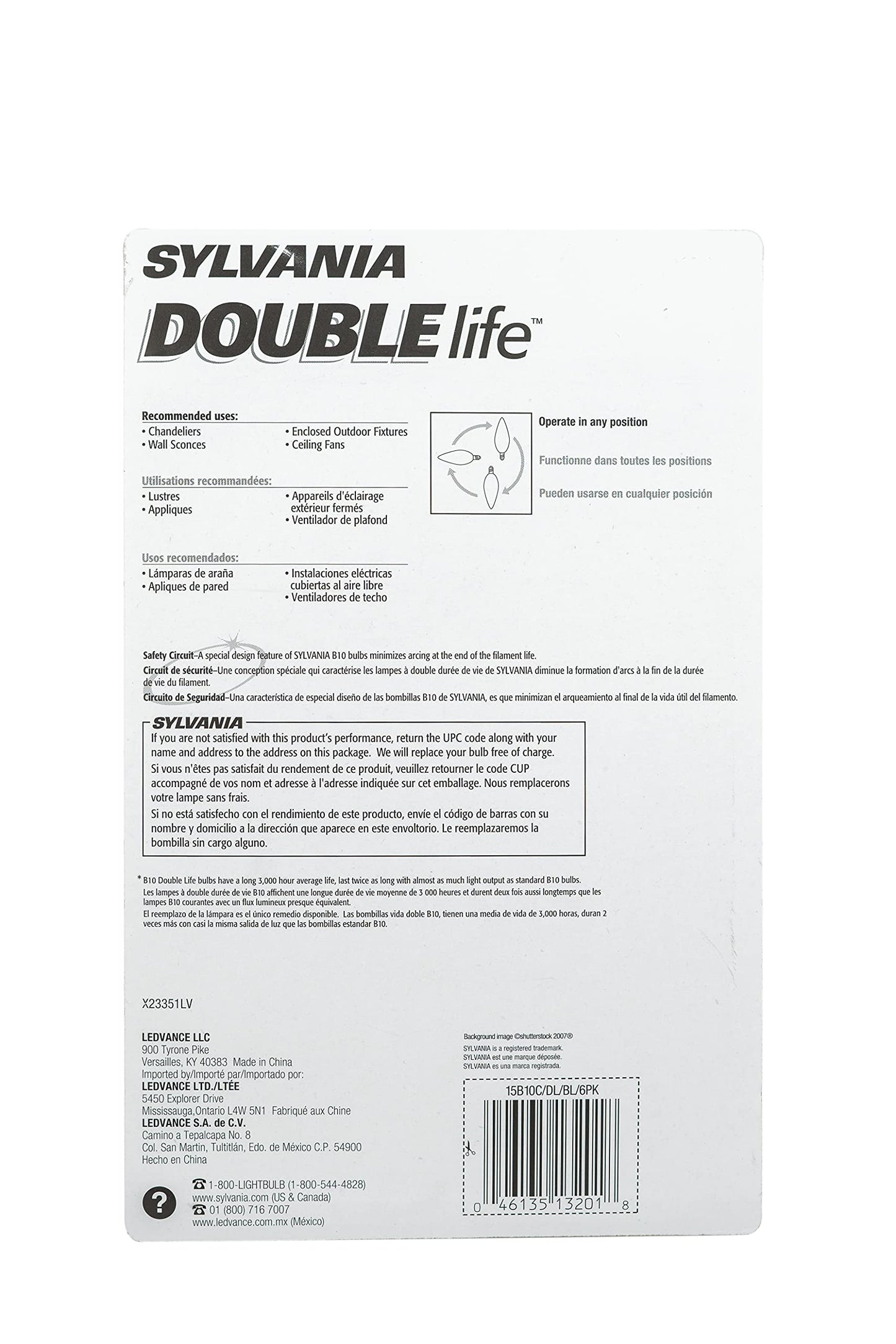 Sylvania Double Life Incandescent Light Bulb, B10, 15W, Candelabra Base, 65 Lumens, 3000K, Clear, Soft White - 6 Pack (15318)