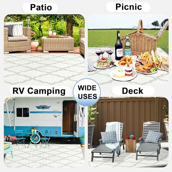 OutdoorLines Outdoor Plastic Area Rugs for Patio 4x6 ft - Reversible Outside Carpet, Stain & UV Resistant RV Mats, Straw Rug for Camping, Deck Garden, Porch and Balcony, Moroccan/Beige & Light Grey