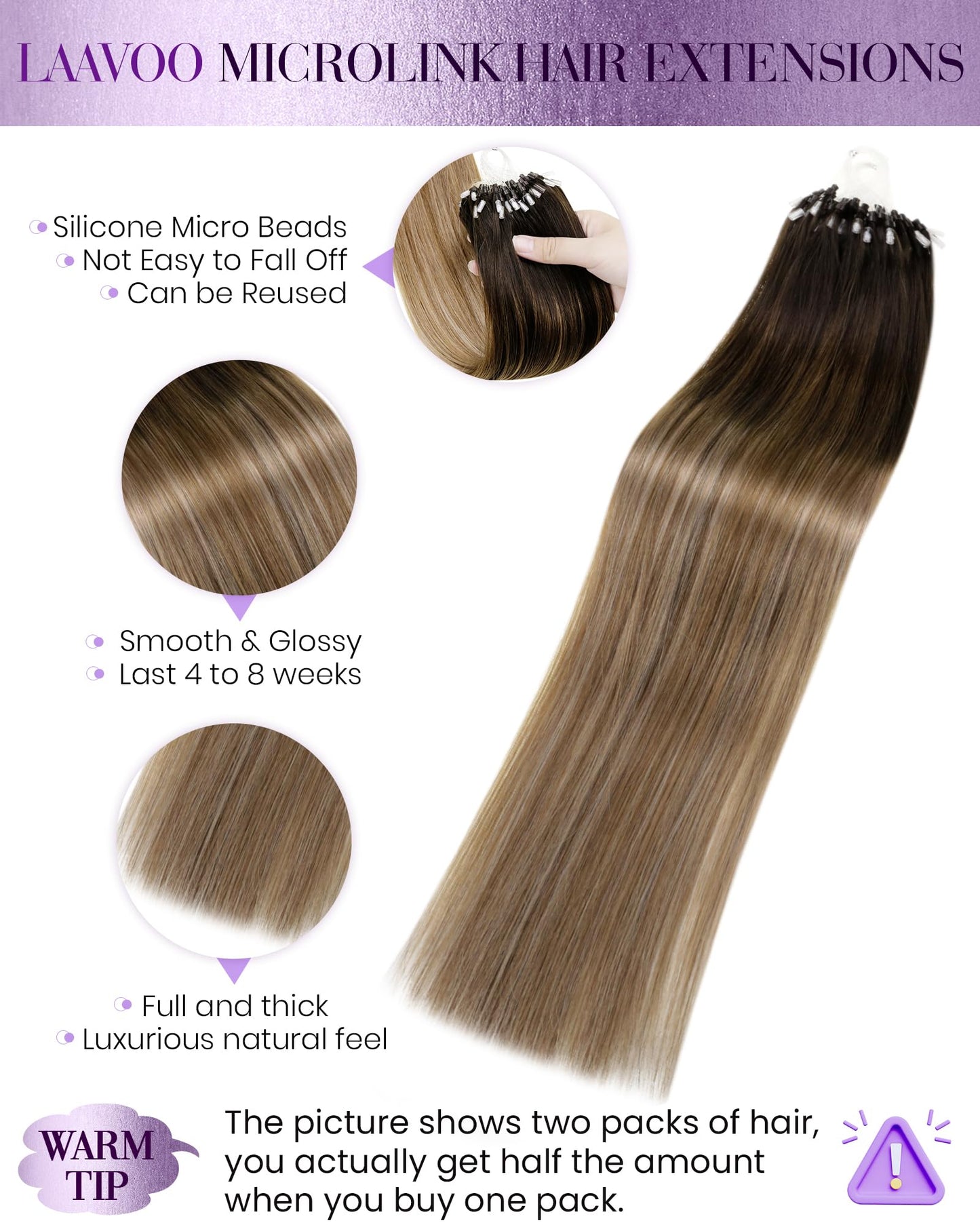 LaaVoo Micro Ring Hair Extensions Human Hair Darkest Brown to Medium Brown with Ash Brown Micro Link Hair Extensions Human Hair