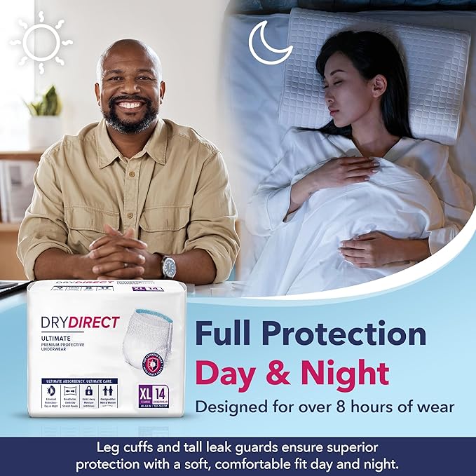 Dry Direct Ultimate Underwear, Made-in-USA Adult Diapers, Max Absorbency Disposable Incontinence Protection - Large (Case of 64)