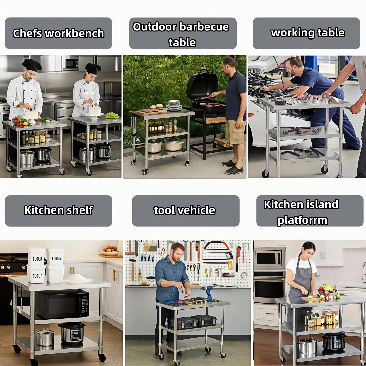 Stainless Steel Table with Wheels for Food Preparation and Work, Multi-Size Optional, Three-Layer Variable Two-Layer Metal Commercial Workbench Outdoor, Restaurant, Kitchen (51" Lx24 Wx34 H)