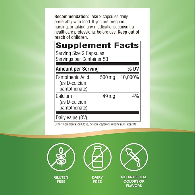 Nature's Way Pantothenic Acid, Supports Cellular Energy*, 500mg Per Serving, 100 Capsules