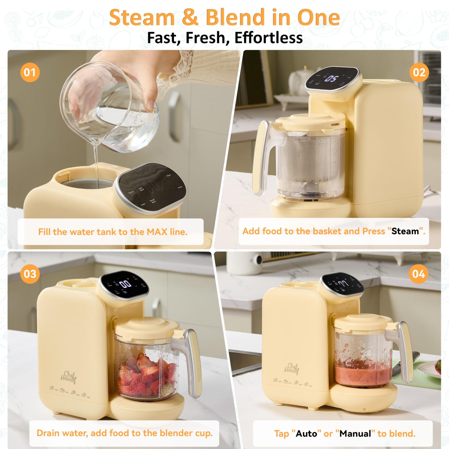 Chefhandy Baby Food Maker, Steamer & Blender with Stainless Steel Basket, Puree Maker with Auto/Manual Blend, Bottle Warmer & Sterili-zer, Safe & Easy-to-Clean Compact Baby Food Processor (Yellow)