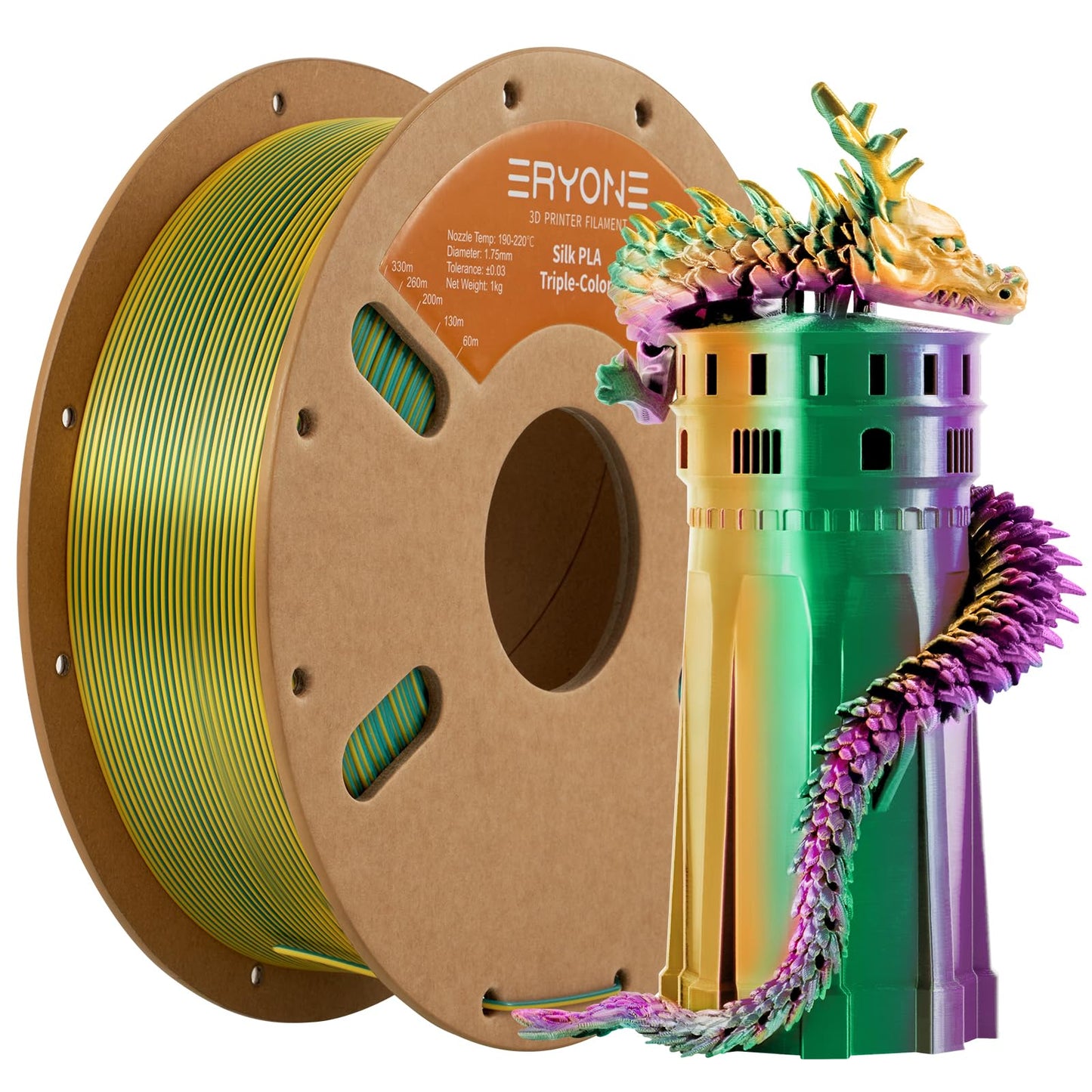 ERYONE Silk Tri Color PLA Filament 3D Printer 1.75mm +/- 0.03mm, Multicolor Filament Tricolor PLA 1KG(2.2lbs) Cardboard Spool, G