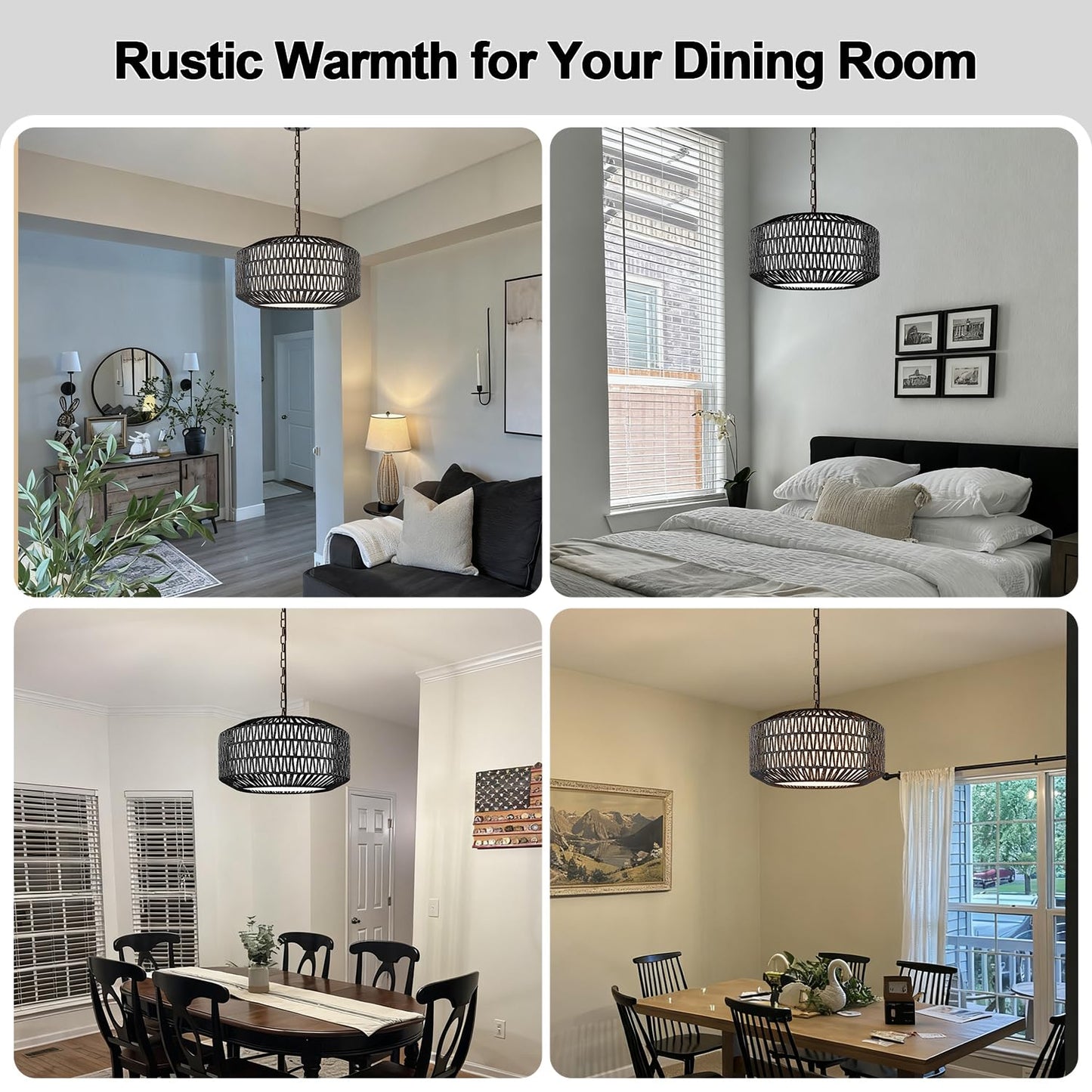 Lynnoland Farmhouse Black Chandelier Light Fixture  5-Light Rustic Boho Chandeliers With Rattan & Linen Shade  Black Hanging Lighting For Dining Room  Kitchen Island  Bedroom (Bulbs Not Included)