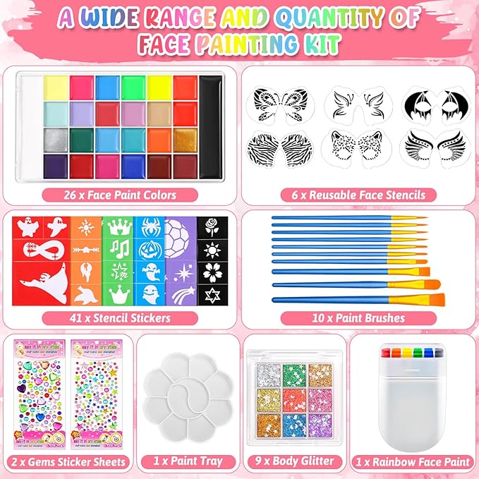 Professional Face Painting Kit, 26 Colors Oil Palette Face Paint with 6 Stencils, 41 Stencil Stickers, 10 Brushes, 9 Body Glitter, 2 Sheets Adhesive Gems, Rainbow Facepaint for Kids Party & Halloween