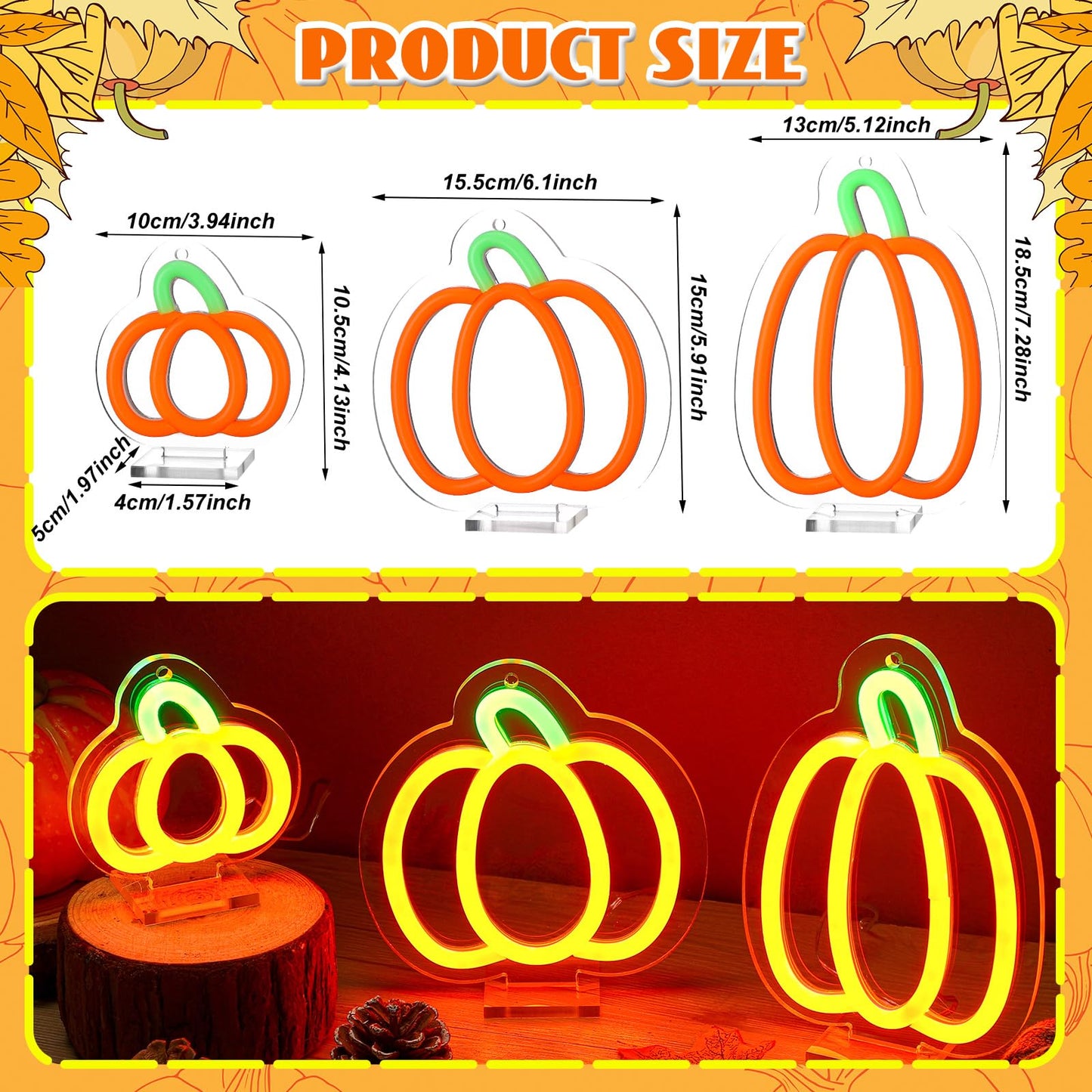 Retisee 3 Pcs Thanksgiving Neon Sign Led Pumpkin Lights Dimmable Pumpkin Neon Signs Battery Operated For Home Wall Window Harvest Celebrate Party Holiday Decor Gift