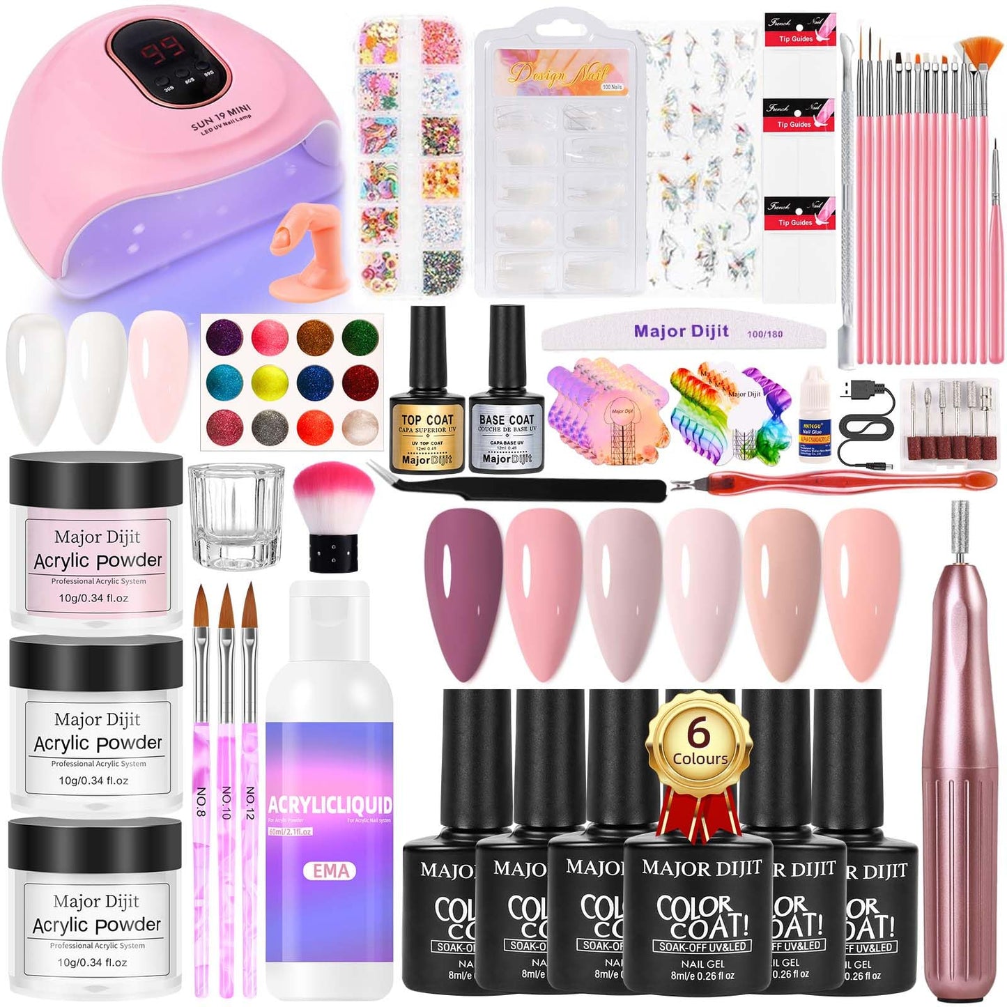 Major Dijit Acrylic Nail Kit with Drill - Starter Set with White Pink Clear Acrylic Powder, 6 Gel Polishes, UV LED Lamp, Nail De