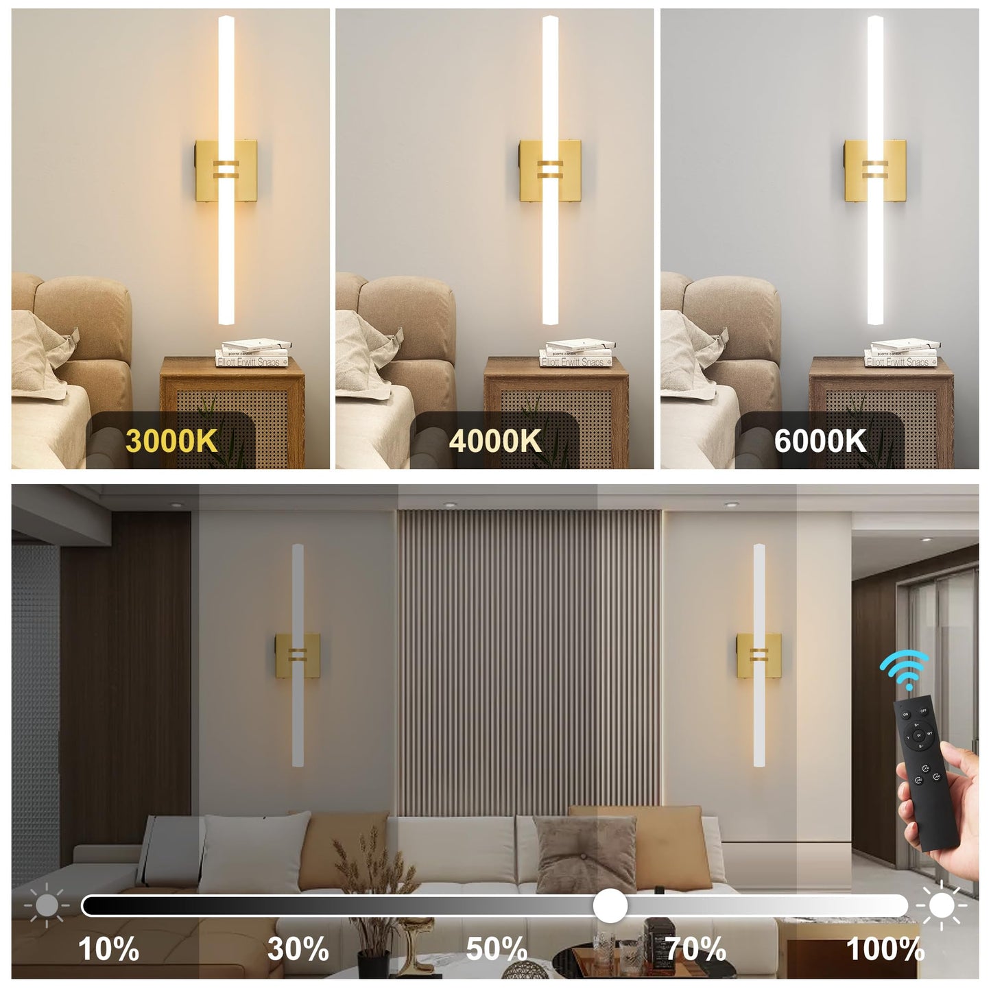 Eicrkodn Battery Operated Wall Sconce, Gold, Dimmable Remote, 22 Inch, LED Wireless Lamp for Bedroom and Hallway