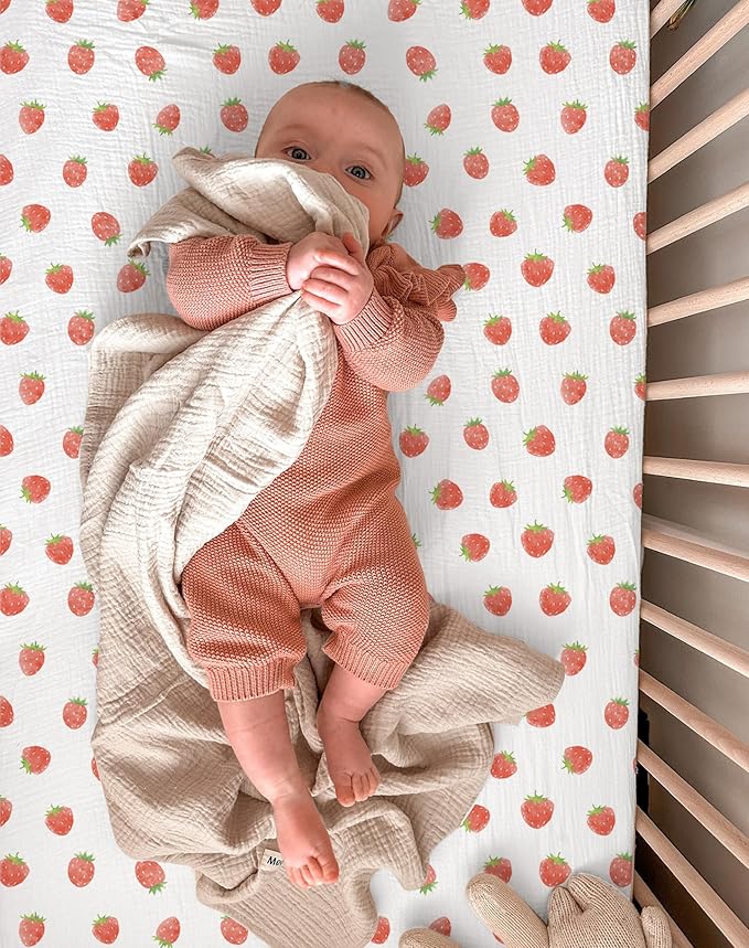 Crib Sheets for Baby Boy Girl 2 Pack, Fitted Crib Mattress Sheet 28" x 52", Muslin Toddler Bedding with Neutral Style, Nursery Bedding Essentials (Strawberry & Pale Pink)