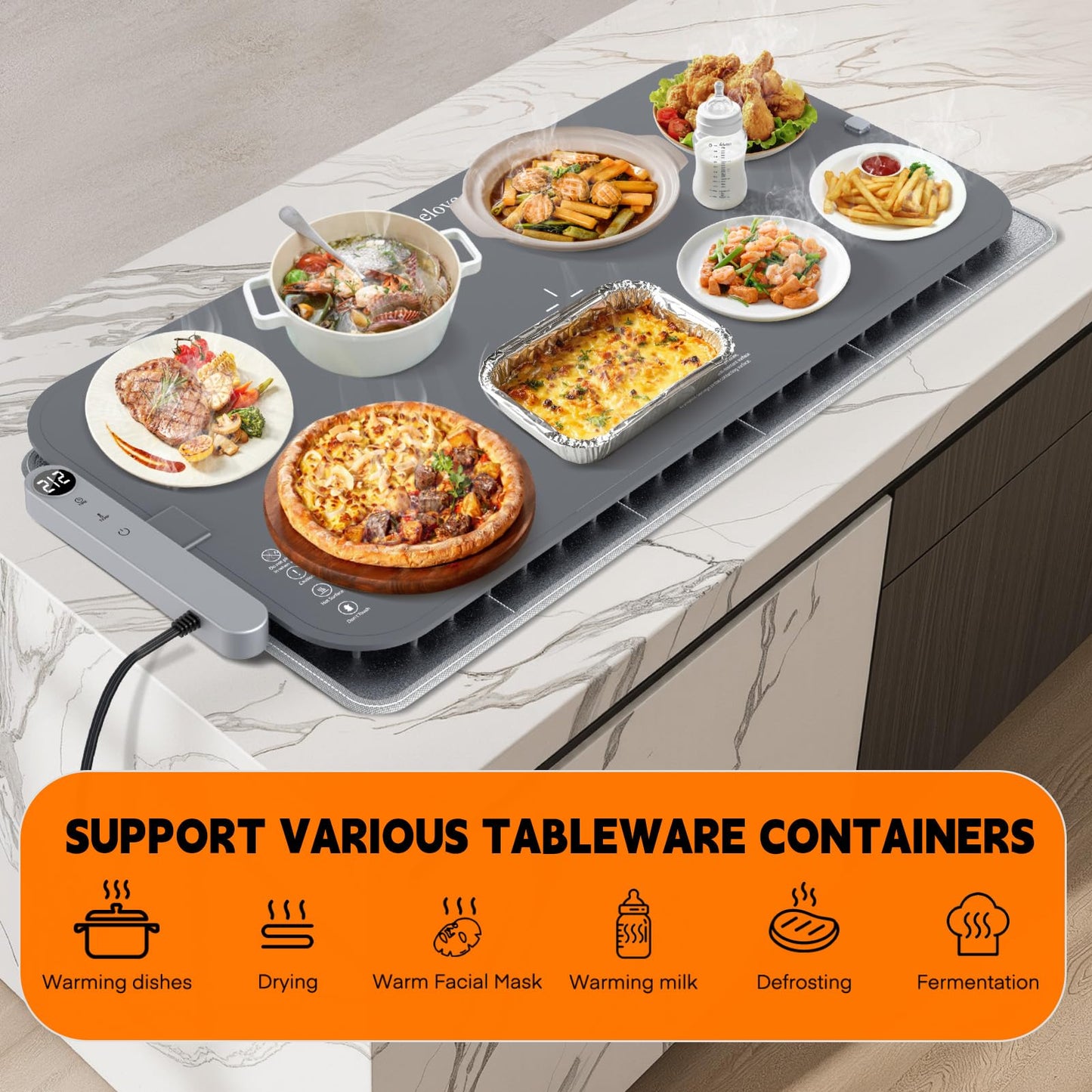 Homelove Warming Mat for Food - Electric Warming Tray with 6-Level Temperature and Hours Setting, Full Surface Graphene Heating, Waterproof Dishwasher-Friendly Food Warmer for Parties, Kitchen (Gray)