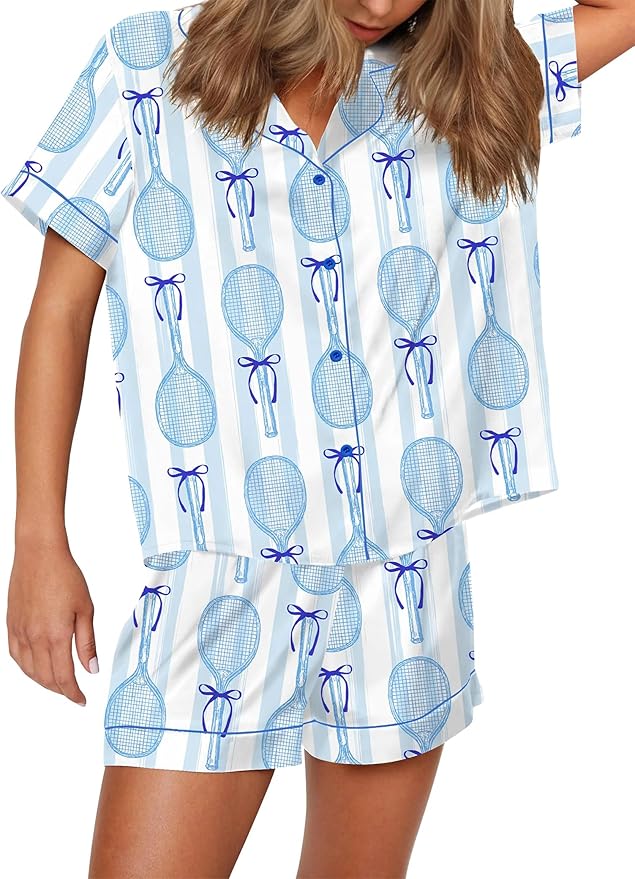 SHESHOW Pajamas for Women Set Satin Button Down Short Sleeve Top and Shorts Pjs Sets Sport Ball Print Sleepwear XS-XXL
