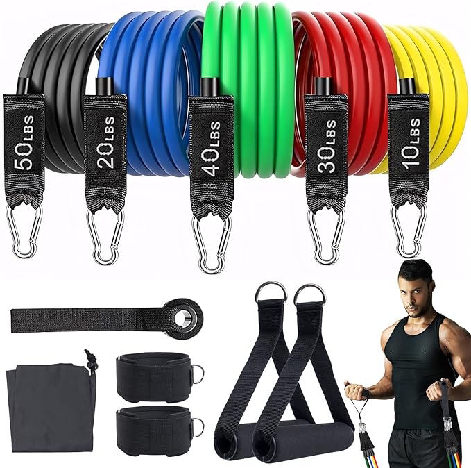 Resistance Bands Workouts Set for Men and Women with Handles - Heavy Duty 150lbs, 11 Piece Elastic Tube Kit for Gym & Hom...