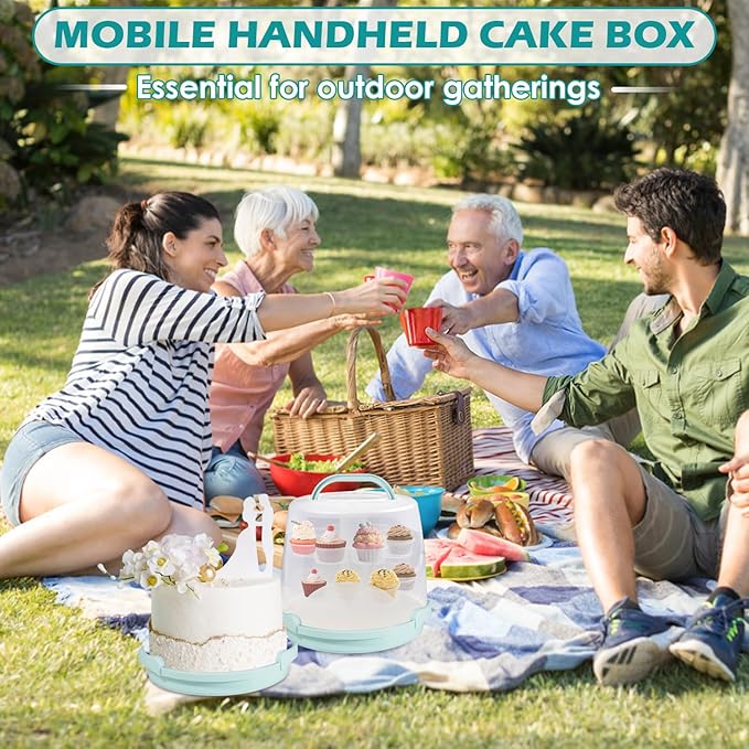 Cake Carrier Round Cake Stand Plus Height Cake Container with Cupcakes Pad, Handle, Lid Reusable Package Box for Transporting Desserts,Pie,Toast,Fruit (10" Blue)